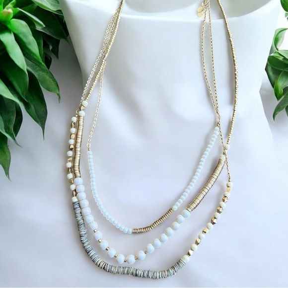 LOFT Elegant Multi-Layered Gold and White Necklace NEW - Picture 1 of 4